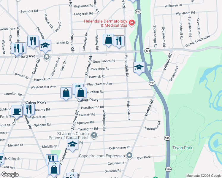 map of restaurants, bars, coffee shops, grocery stores, and more near 608 Laurelton Road in Rochester