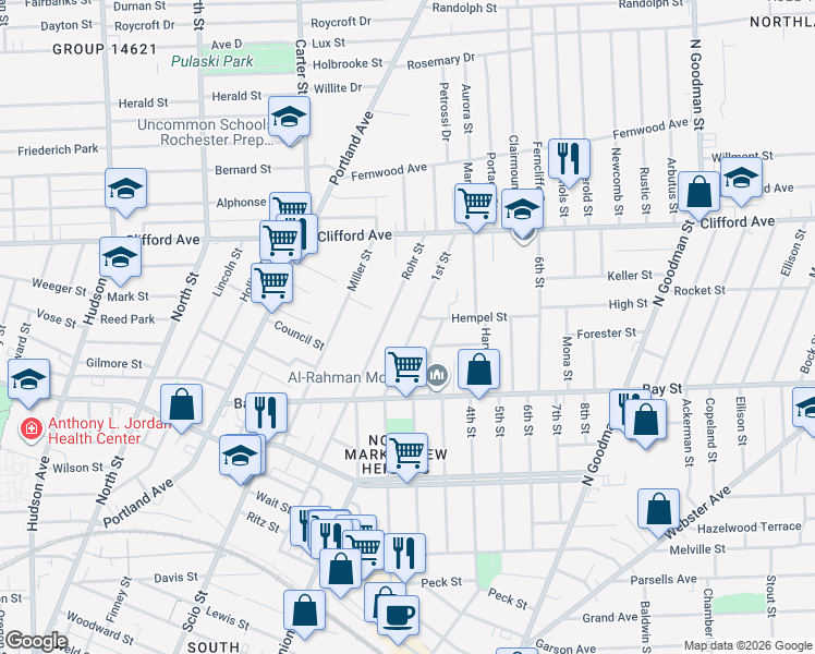 map of restaurants, bars, coffee shops, grocery stores, and more near 315 1st Street in Rochester