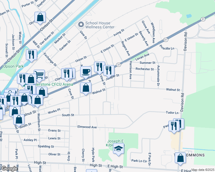 map of restaurants, bars, coffee shops, grocery stores, and more near 20 Vine Street in Lockport
