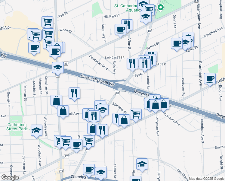 map of restaurants, bars, coffee shops, grocery stores, and more near 90 Dunlop Drive in St. Catharines