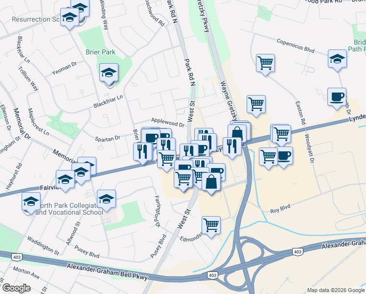 map of restaurants, bars, coffee shops, grocery stores, and more near 640 West Street in Brantford