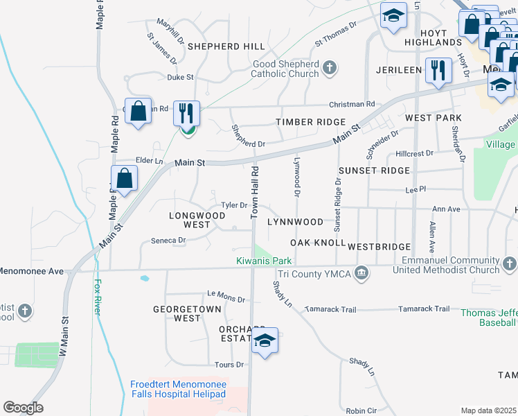 map of restaurants, bars, coffee shops, grocery stores, and more near 8526 Town Hall Road in Menomonee Falls
