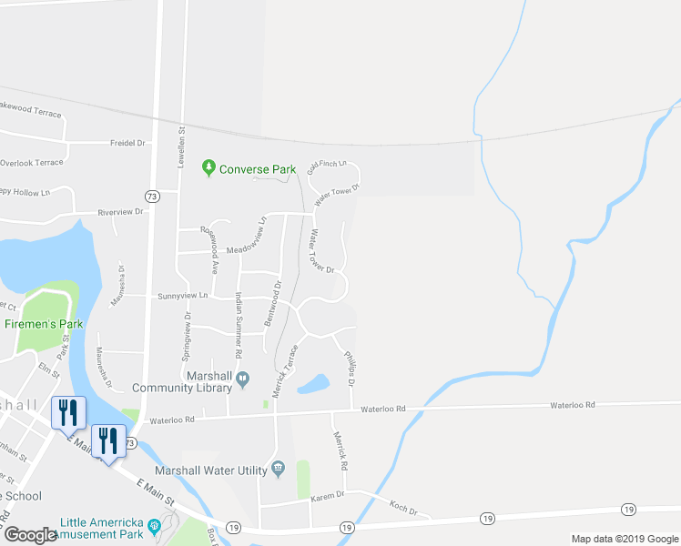map of restaurants, bars, coffee shops, grocery stores, and more near 558 Water Tower Drive in Marshall