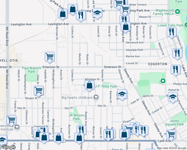 map of restaurants, bars, coffee shops, grocery stores, and more near 163 Curtis Street in Rochester