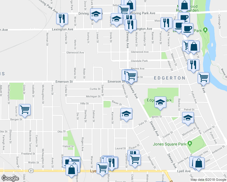 map of restaurants, bars, coffee shops, grocery stores, and more near 51 Curtis Street in Rochester
