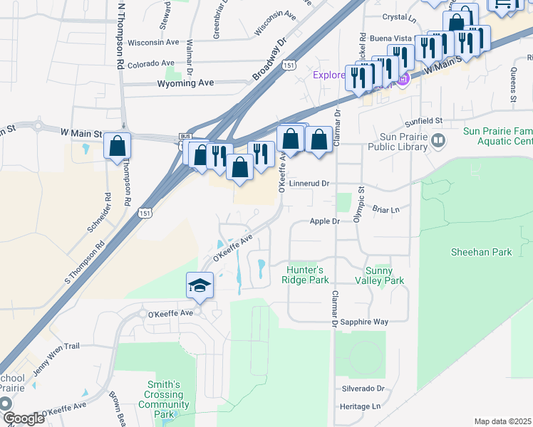 map of restaurants, bars, coffee shops, grocery stores, and more near 800 Garden Drive in Sun Prairie