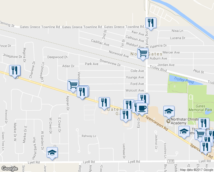 map of restaurants, bars, coffee shops, grocery stores, and more near 215 Ford Avenue in Rochester