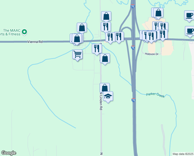 map of restaurants, bars, coffee shops, grocery stores, and more near 11307 North Linden Road in Clio