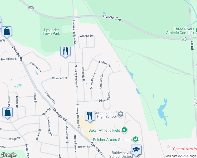 map of restaurants, bars, coffee shops, grocery stores, and more near 43 Carousel Ln in Baldwinsville