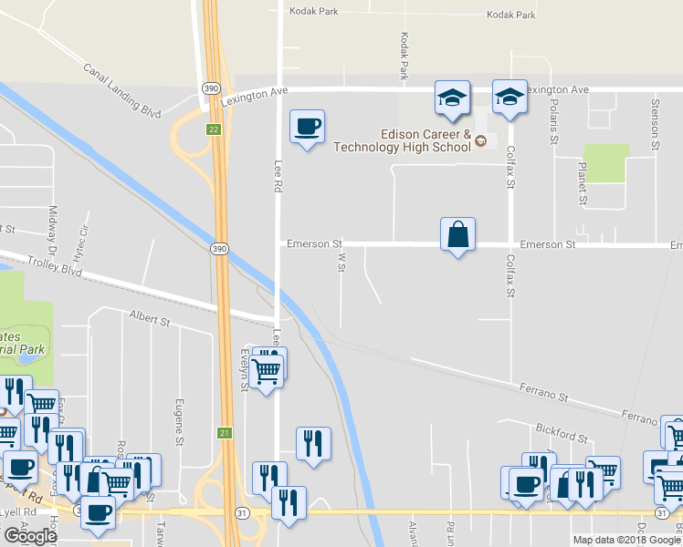 map of restaurants, bars, coffee shops, grocery stores, and more near 327 W Street in Rochester