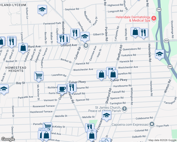 map of restaurants, bars, coffee shops, grocery stores, and more near 301 Westchester Ave in Rochester