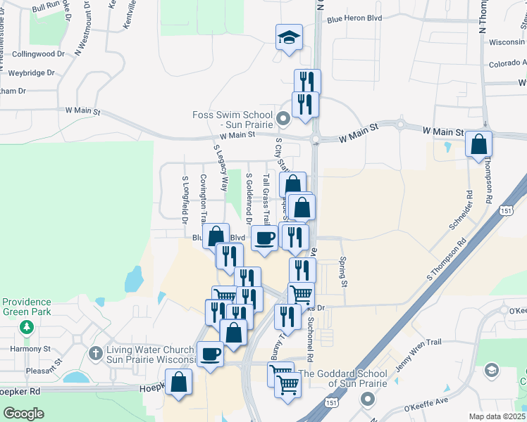 map of restaurants, bars, coffee shops, grocery stores, and more near 322 Tall Grass Trail in Sun Prairie