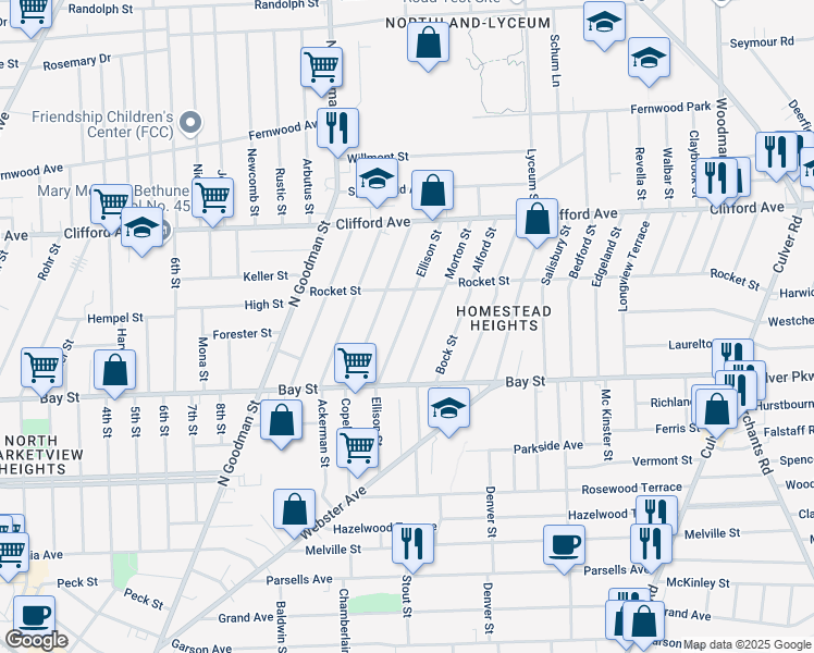 map of restaurants, bars, coffee shops, grocery stores, and more near 83 Morton Street in Rochester