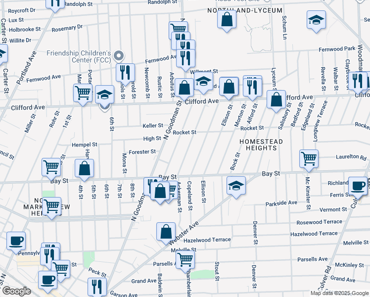 map of restaurants, bars, coffee shops, grocery stores, and more near 93 Baycliff Drive in Rochester