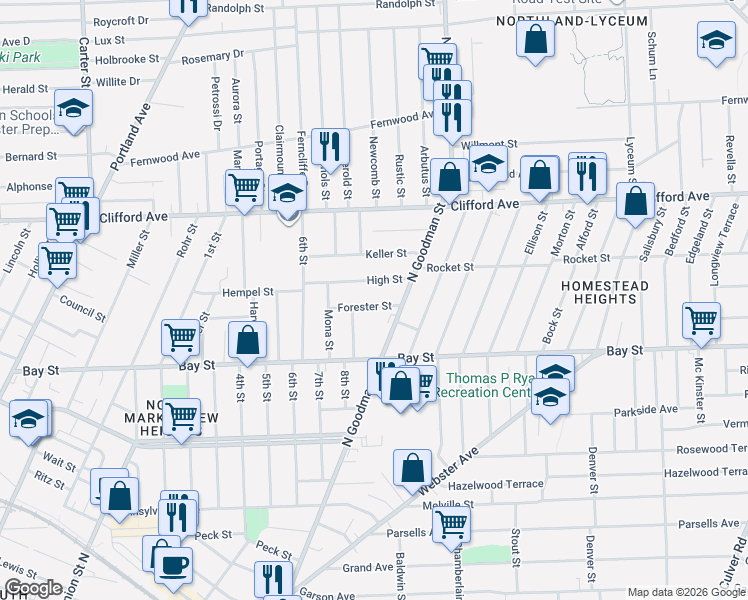 map of restaurants, bars, coffee shops, grocery stores, and more near 20 Forester Street in Rochester