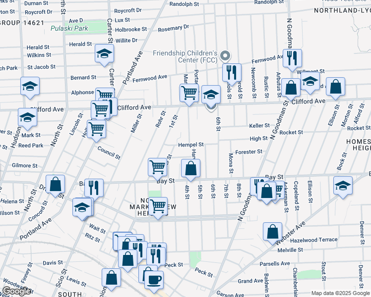 map of restaurants, bars, coffee shops, grocery stores, and more near 83 Hempel Street in Rochester