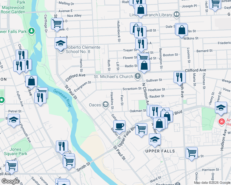 map of restaurants, bars, coffee shops, grocery stores, and more near 67 Scrantom Street in Rochester