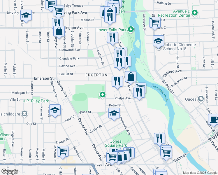 map of restaurants, bars, coffee shops, grocery stores, and more near 137 Fulton Avenue in Rochester