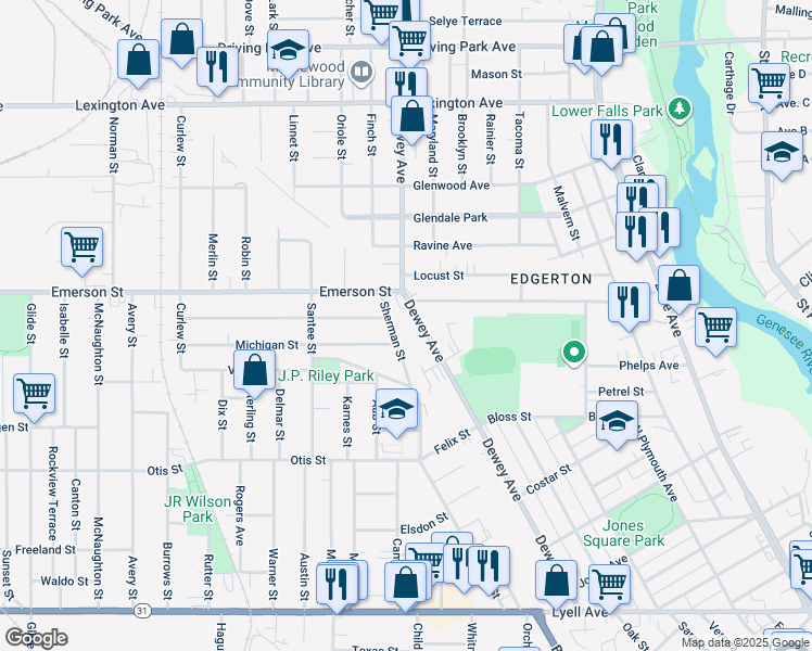 map of restaurants, bars, coffee shops, grocery stores, and more near 1 Curtis Street in Rochester