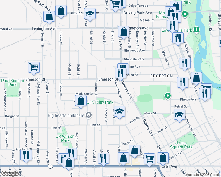 map of restaurants, bars, coffee shops, grocery stores, and more near 51 Curtis Street in Rochester
