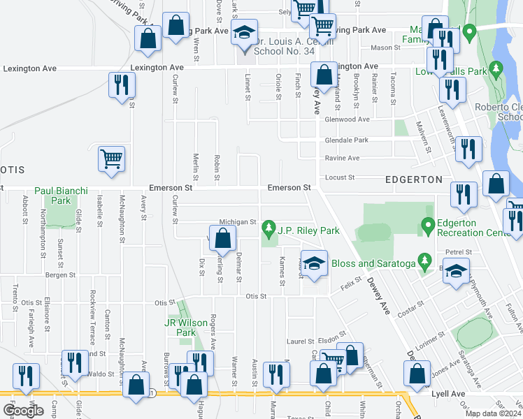 map of restaurants, bars, coffee shops, grocery stores, and more near 101 Curtis Street in Rochester
