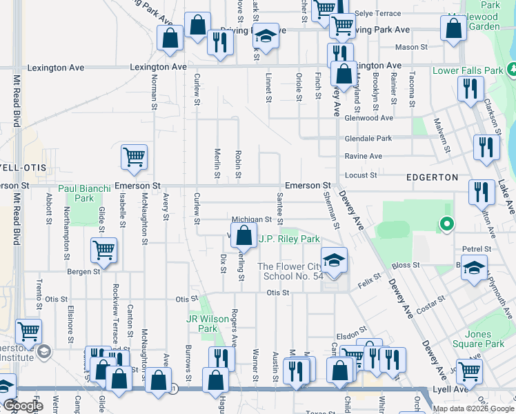 map of restaurants, bars, coffee shops, grocery stores, and more near 163 Curtis Street in Rochester
