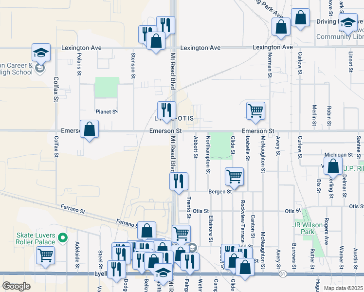 map of restaurants, bars, coffee shops, grocery stores, and more near 1039 Emerson Street in Rochester