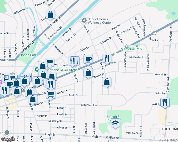map of restaurants, bars, coffee shops, grocery stores, and more near 256 East Avenue in Lockport