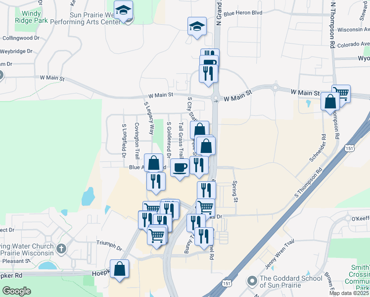 map of restaurants, bars, coffee shops, grocery stores, and more near 310 Tall Grass Trail in Sun Prairie