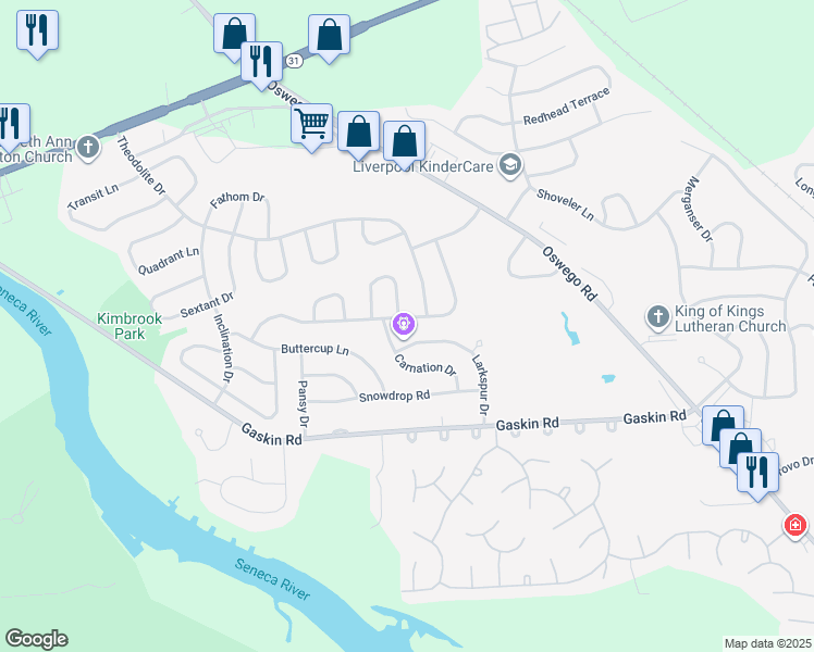 map of restaurants, bars, coffee shops, grocery stores, and more near 8373 Zenith Dr in Baldwinsville
