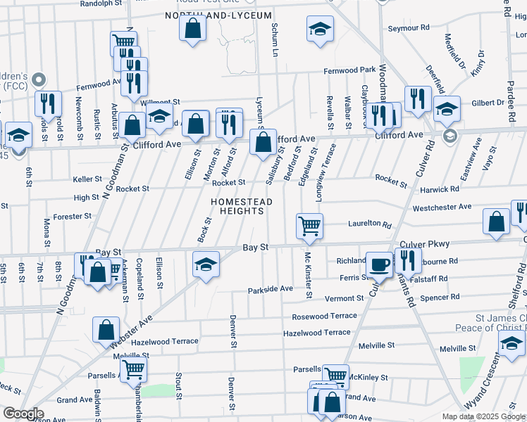 map of restaurants, bars, coffee shops, grocery stores, and more near 73 Salisbury Street in Rochester