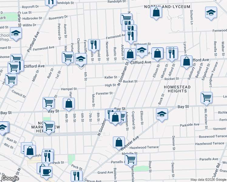 map of restaurants, bars, coffee shops, grocery stores, and more near 20 Forester Street in Rochester