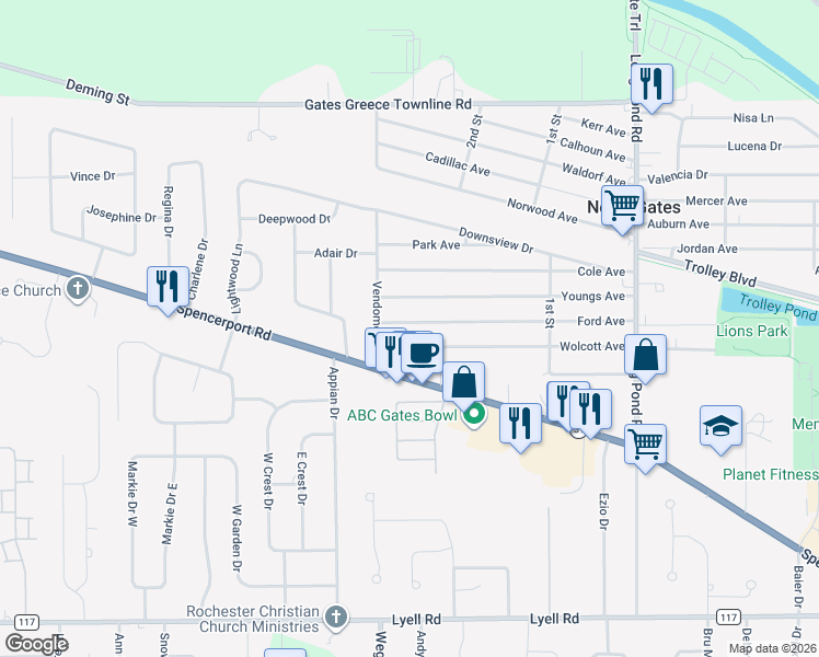 map of restaurants, bars, coffee shops, grocery stores, and more near 311 Ford Avenue in Rochester