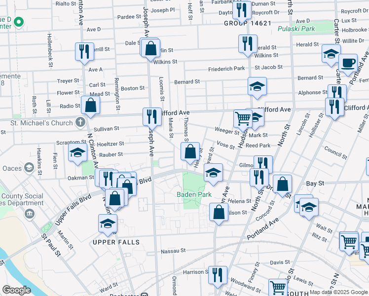 map of restaurants, bars, coffee shops, grocery stores, and more near 29 Thomas Street in Rochester