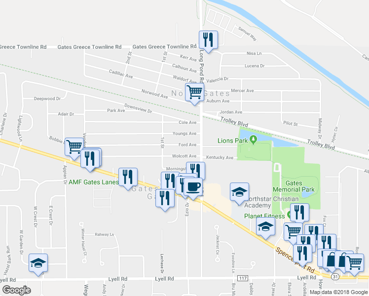 map of restaurants, bars, coffee shops, grocery stores, and more near 51 Ford Avenue in Rochester