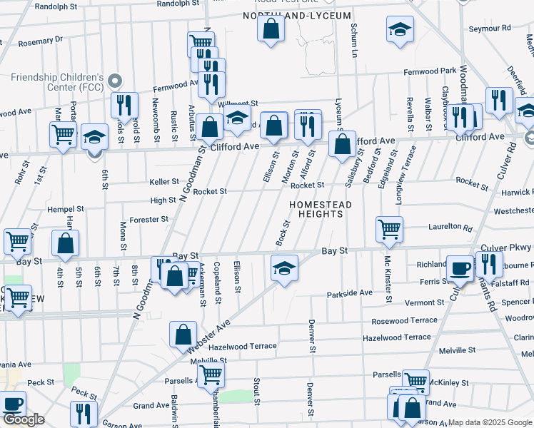 map of restaurants, bars, coffee shops, grocery stores, and more near 83 Morton Street in Rochester