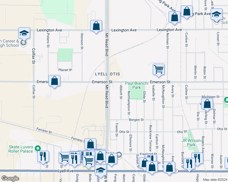 map of restaurants, bars, coffee shops, grocery stores, and more near 1076 Mount Read Boulevard in Rochester