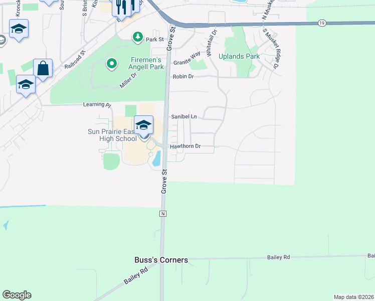 map of restaurants, bars, coffee shops, grocery stores, and more near 623 Hawthorn Drive in Sun Prairie