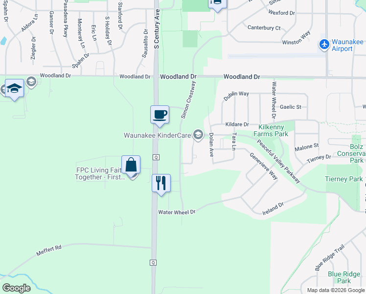 map of restaurants, bars, coffee shops, grocery stores, and more near 1141 Simon Crestway in Waunakee
