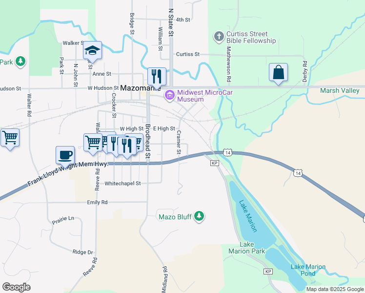 map of restaurants, bars, coffee shops, grocery stores, and more near 401 Cramer Street in Mazomanie