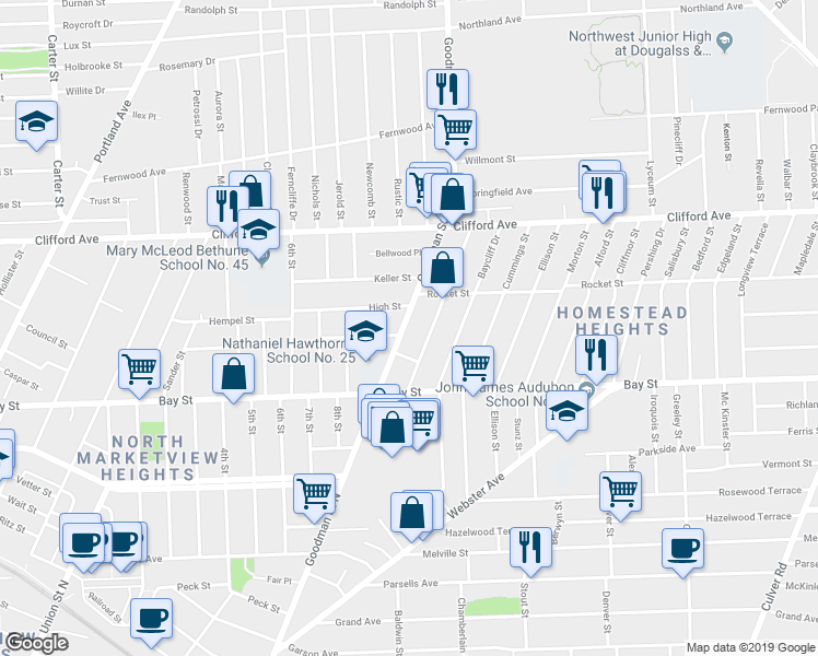 map of restaurants, bars, coffee shops, grocery stores, and more near 1022 Goodman Street North in Rochester