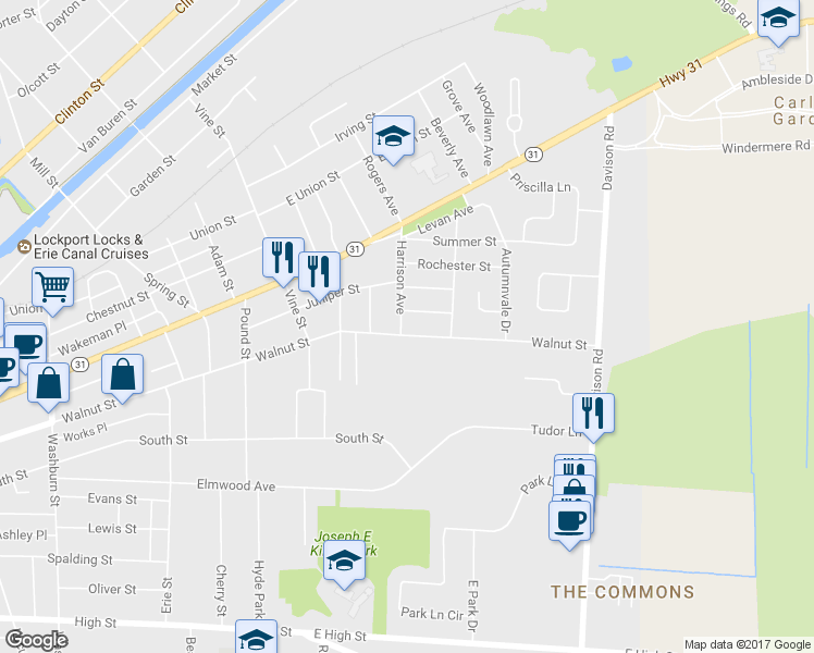map of restaurants, bars, coffee shops, grocery stores, and more near 653 Walnut Street in Lockport