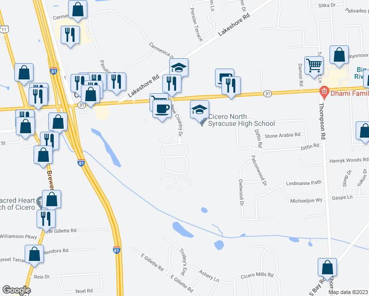 map of restaurants, bars, coffee shops, grocery stores, and more near 8846 New Country Dr in Cicero