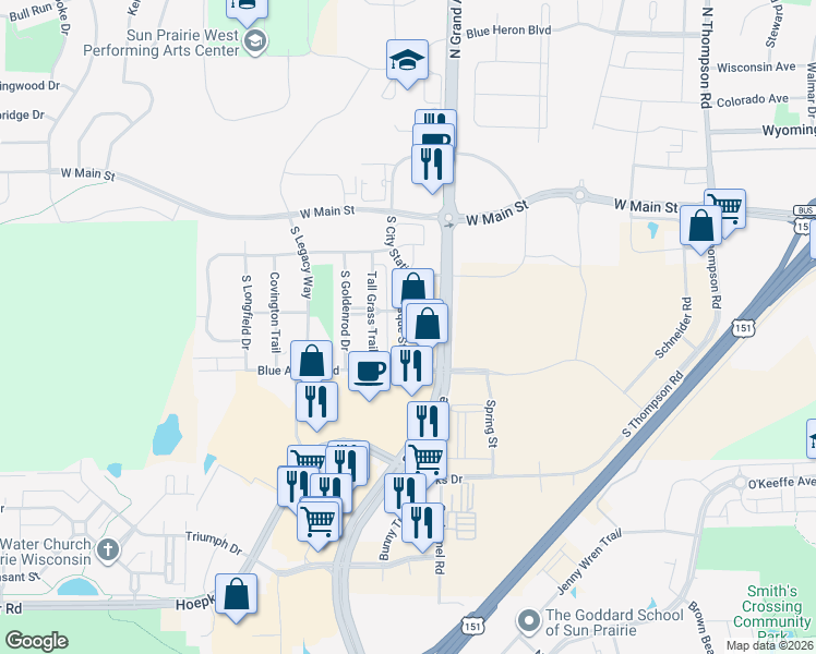 map of restaurants, bars, coffee shops, grocery stores, and more near 338 Pasque Street in Sun Prairie