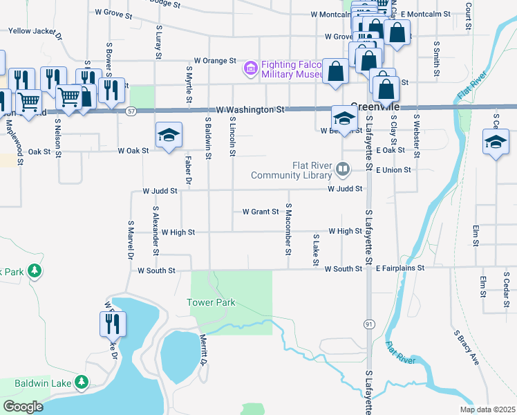 map of restaurants, bars, coffee shops, grocery stores, and more near 504 West Grant Street in Greenville
