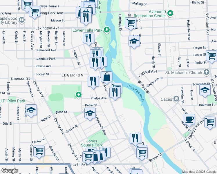 map of restaurants, bars, coffee shops, grocery stores, and more near 444 Lake Avenue in Rochester