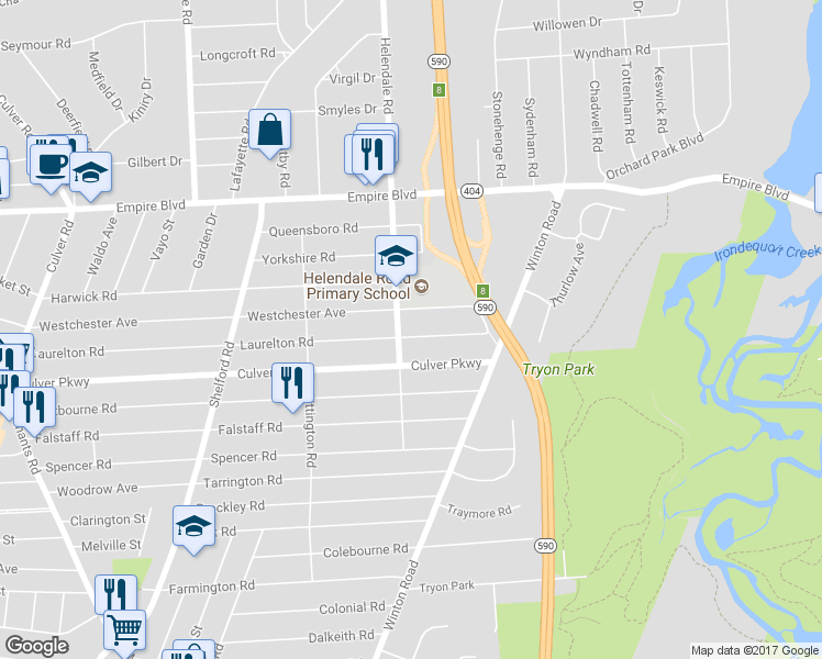 map of restaurants, bars, coffee shops, grocery stores, and more near 714 Laurelton Road in Rochester