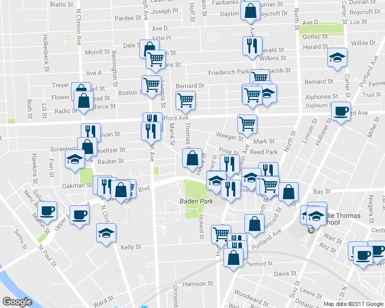 map of restaurants, bars, coffee shops, grocery stores, and more near 30 Thomas Street in Rochester