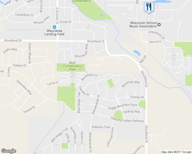 map of restaurants, bars, coffee shops, grocery stores, and more near 1607 Monticello Lane in Waunakee