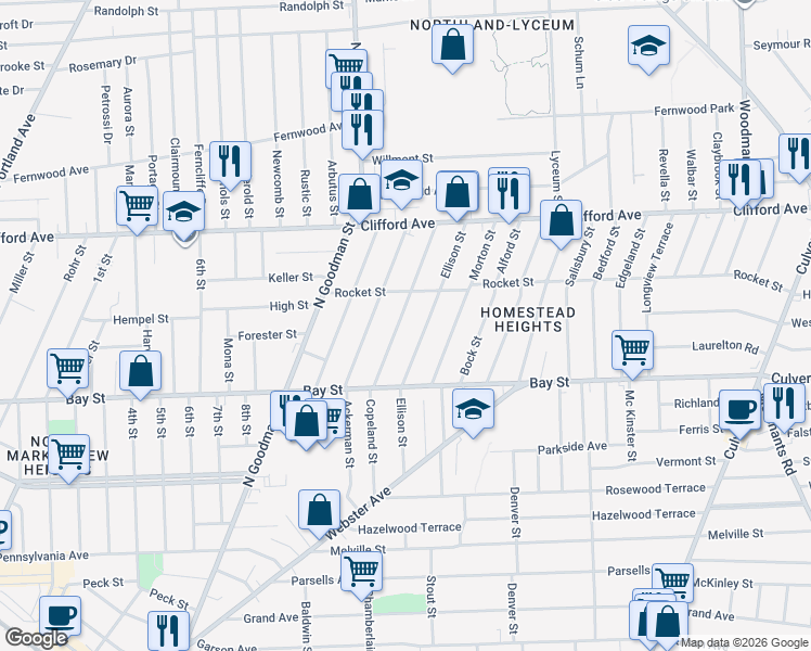 map of restaurants, bars, coffee shops, grocery stores, and more near 96 Cummings Street in Rochester